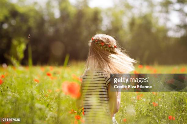 girl with long hair, spinning in a poppy field - stehmohn stock-fotos und bilder