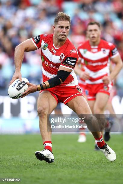 Jack De Belin of the Dragons looks to pass during the round 14 NRL match between the Canterbury Bulldogs and the St George Illawarra Dragons at ANZ...