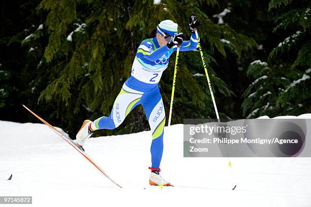 Aino-Kaisa Saarinen of Finland takes 3rd place during the ladies' 30 km mass start cross-country skiing classic on day 16 of the 2010 Vancouver...