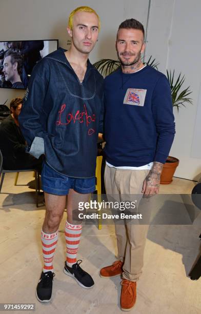Charles Jeffrey and David Beckham attend the NEWGEN LFWM June 2018 Breakfast during London Fashion Week Men's June 2018 at the BFC Designer Showrooms...