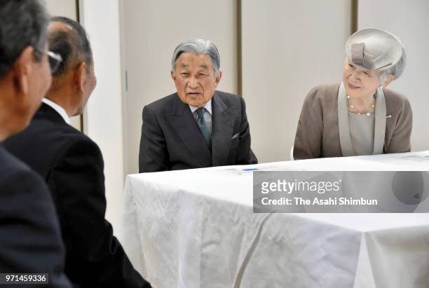 Emperor Akihito and Empress Michiko talk with residents of the restoration apartment on June 9, 2018 in Iwaki, Fukushima, Japan. This 3-day trip...