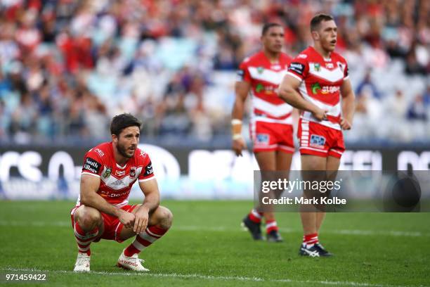 Ben Hunt of the Dragons catches his breath during the round 14 NRL match between the Canterbury Bulldogs and the St George Illawarra Dragons at ANZ...