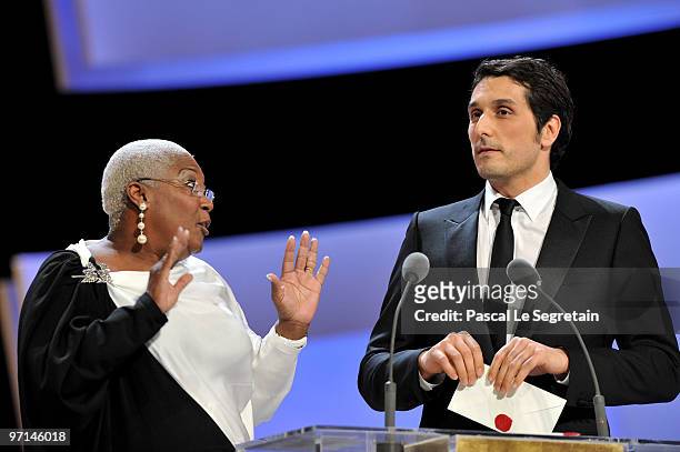 Firmine Richard and Vincent Elbaz speak on stage during the 35th Cesar Film Awards at the Theatre du Chatelet on February 27, 2010 in Paris, France.