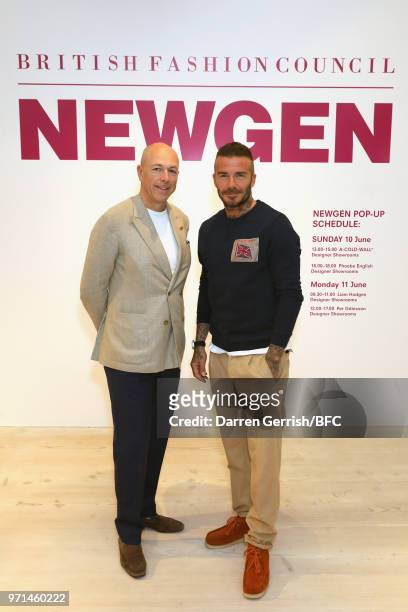 Dylan Jones and David Beckham attend the NEWGEN LFWM June 2018 Breakfast during London Fashion Week Men's June 2018 at the BFC Designer Showrooms on...