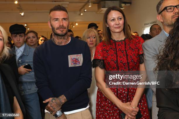 David Beckham and Caroline Rush attend the NEWGEN LFWM June 2018 Breakfast during London Fashion Week Men's June 2018 at the BFC Designer Showrooms...