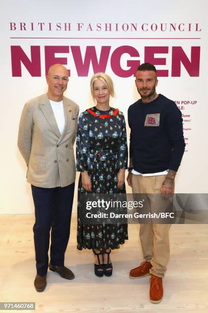 Dylan Jones, Justine Simons and David Beckham attend the NEWGEN LFWM June 2018 Breakfast during London Fashion Week Men's June 2018 at the BFC...