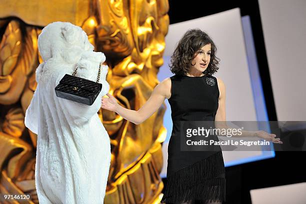Host Valerie Lemercier performs on stage during the 35th Cesar Film Awards at the Theatre du Chatelet on February 27, 2010 in Paris, France.