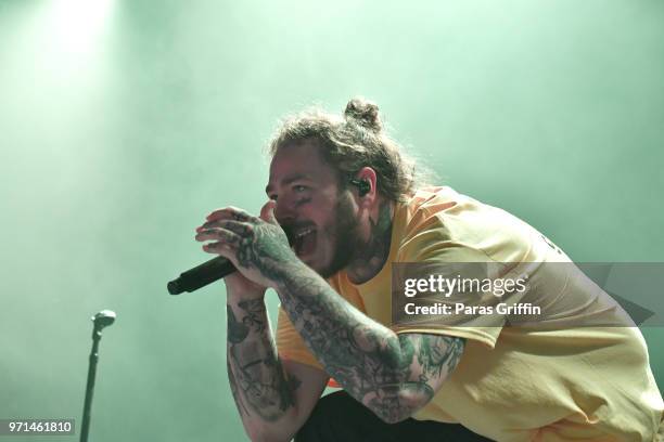 Rapper Post Malone performs onstage at The Cellairis Amphitheatre at Lakewood on June 10, 2018 in Atlanta, Georgia.