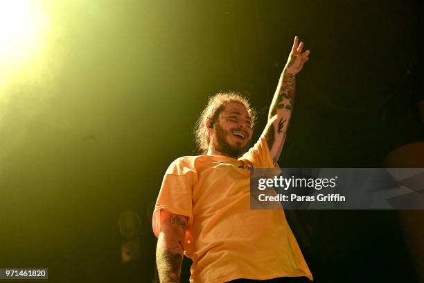 Rapper Post Malone performs onstage at The Cellairis Amphitheatre at Lakewood on June 10, 2018 in Atlanta, Georgia.