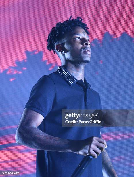 Rapper 21 Savage performs onstage at The Cellairis Amphitheatre at Lakewood on June 10, 2018 in Atlanta, Georgia.