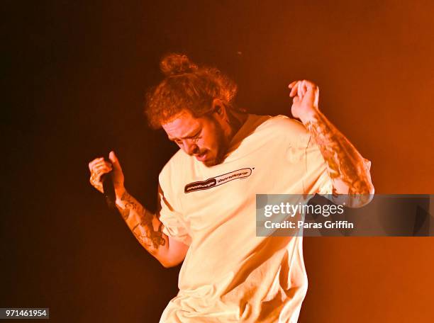 Rapper Post Malone performs onstage at The Cellairis Amphitheatre at Lakewood on June 10, 2018 in Atlanta, Georgia.