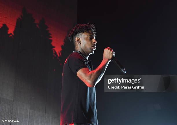 Rapper 21 Savage performs onstage at The Cellairis Amphitheatre at Lakewood on June 10, 2018 in Atlanta, Georgia.