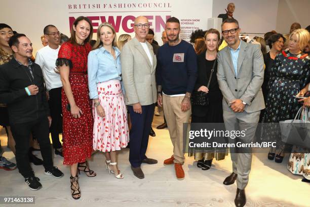 Caroline Rush, Stephanie Phair Dylan Jones, David Beckham, Anya Hindmarch and a guest attend the NEWGEN LFWM June 2018 Breakfast during London...