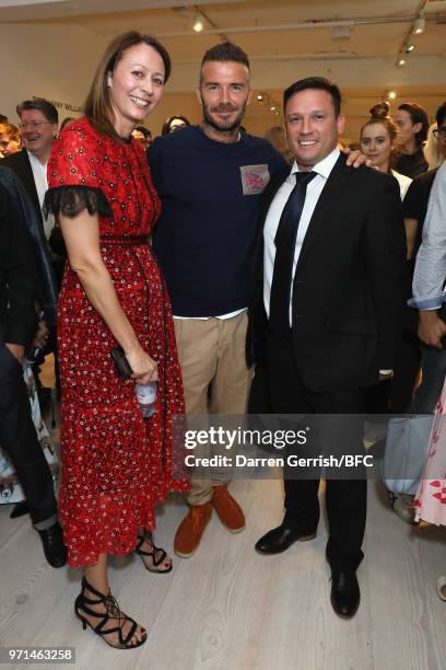 Caroline Rush, David Beckham and a guest attend the NEWGEN LFWM June 2018 Breakfast during London Fashion Week Men's June 2018 at the BFC Designer...