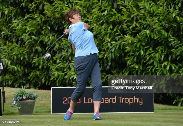 Linda Asker of Barnham Broom Golf Club plays her first shot on the 1st tee during the The WPGA Lombard Trophy South Qualifier at Camberley Heath Golf...