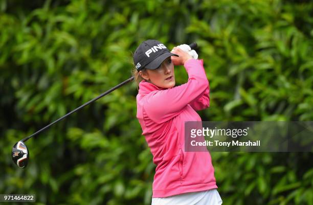 Ellie Brown of Barnham Broom Golf Club plays her first shot on the 1st tee during the The WPGA Lombard Trophy South Qualifier at Camberley Heath Golf...