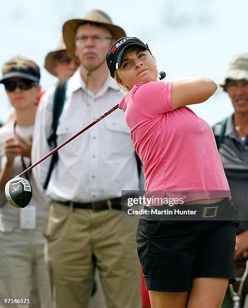 Sarah Kemp of Australia tees off during the final round of the New Zealand Women's Open at Pegasus Golf Course on February 28, 2010 in Pegasus, New...