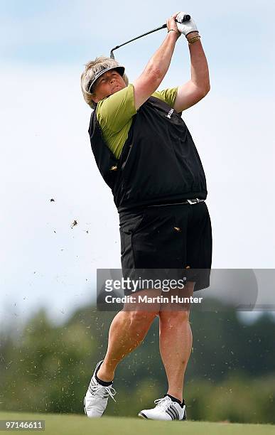Laura Davies of England plays an approach shot during the final round of the New Zealand Women's Open at Pegasus Golf Course on February 28, 2010 in...