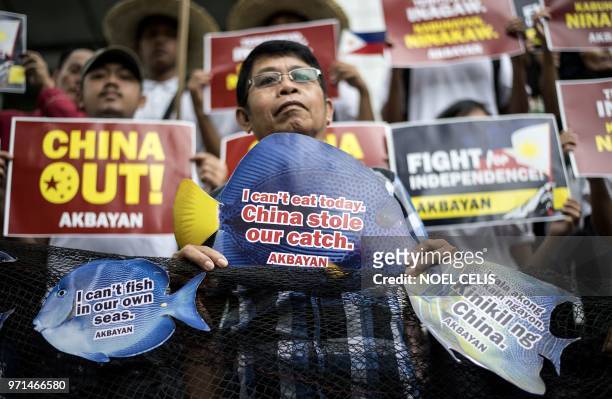Activists hold placards during a protest in front of the Chinese Consular Office in Manila on June 11, 2018. The Philippines on June 11 demanded that...