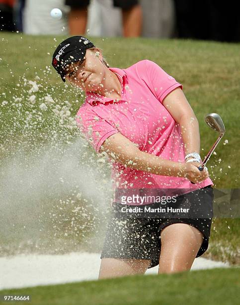 Sarah Kemp of Australia plays a bunker shot during the final round of the New Zealand Women's Open at Pegasus Golf Course on February 28, 2010 in...