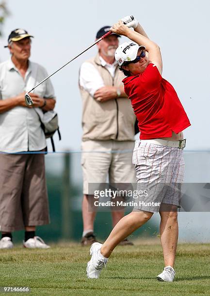 Becky Brewerton of Wales plays an approach shot during the final round of the New Zealand Women's Open at Pegasus Golf Course on February 28, 2010 in...