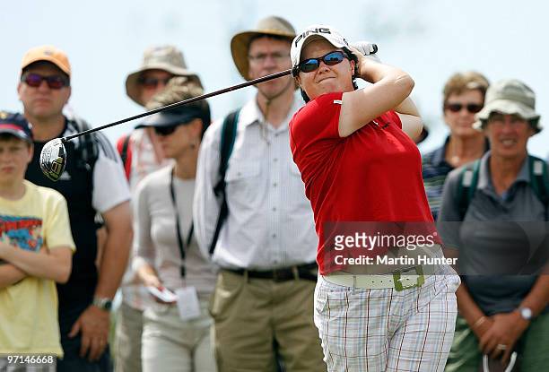 Becky Brewerton of Wales tees off on the 3rd hole during the final round of the New Zealand Women's Open at Pegasus Golf Course on February 28, 2010...