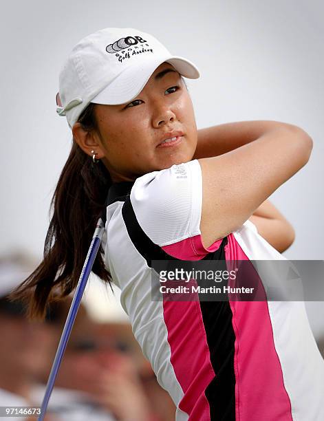 Mina Harigae of USA tees off during the final round of the New Zealand Women's Open at Pegasus Golf Course on February 28, 2010 in Pegasus, New...