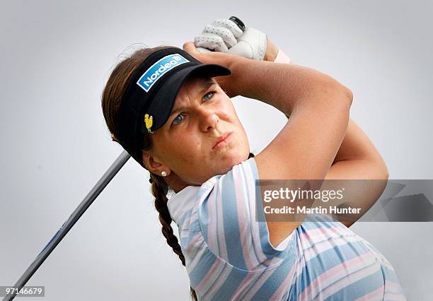 Marianne Skarpnord of Norway tees off during the final round of the New Zealand Women's Open at Pegasus Golf Course on February 28, 2010 in Pegasus,...