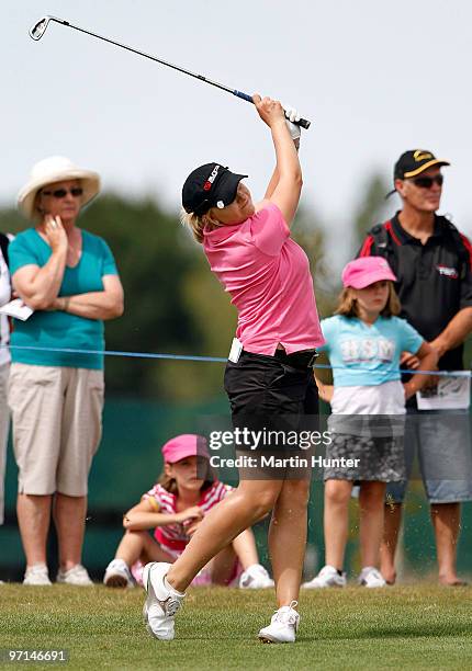 Sarah Kemp of Australia plays an approach shot during the final round of the New Zealand Women's Open at Pegasus Golf Course on February 28, 2010 in...