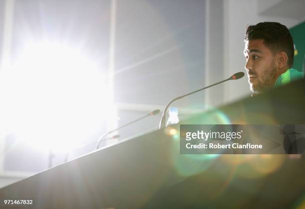 Massimo Luongo of Australia speaks to the media during an Australian Socceroos press conference at Stadium Trudovye Rezervy on June 11, 2018 in...