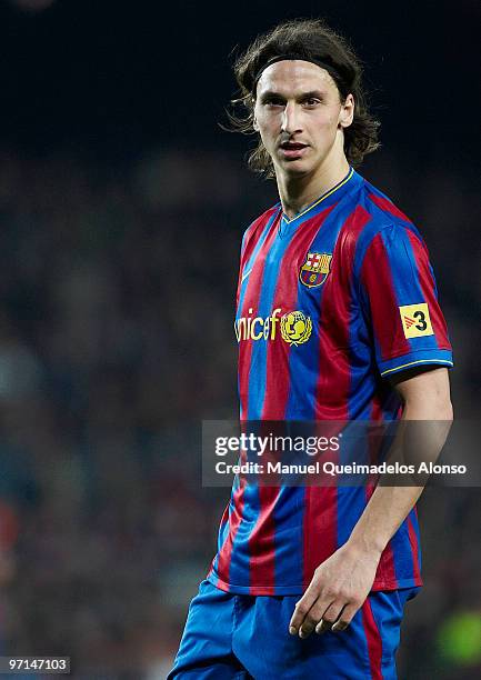 Zlatan Ibrahimovic of FC Barcelona looks on during the La Liga match between Barcelona and Malaga at Camp Nou on February 27, 2010 in Barcelona,...