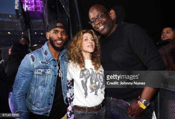 Chris Paul, Julie Greenwald, and Michael Kyser attend Summer Jam 2018 at MetLife Stadium on June 10, 2018 in East Rutherford, New Jersey.