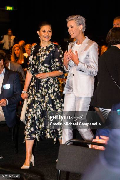 Crown Princess Victoria of Sweden and Dr. Gunhild Stordalen arrives at the the EAT Stockholm Food Forum 2018 at Annexet on June 11, 2018 in...