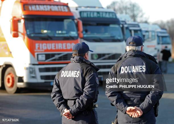 Lille's French customs officers are about to check the load of a truck during a search operation on February 3, 2011 at the Drouges rest area on the...