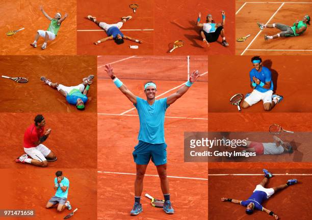 This composite image shows Rafael Nadal, celebrating his individual 11 French Open - Roland Garros wins from 2005 2007 2010 2012 2014 2018.