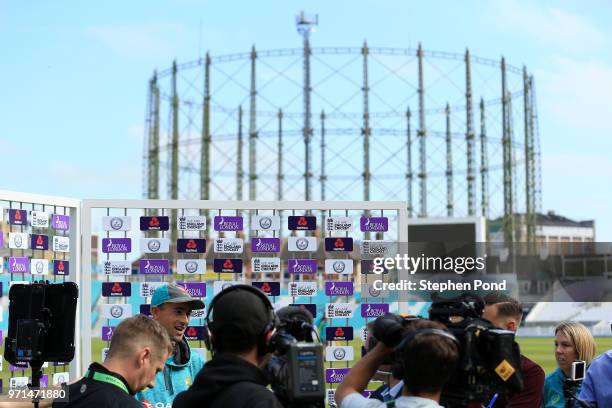 Ashton Agar of Australia talks during a media interview ahead of an Australia Net Session at The Kia Oval on June 11, 2018 in London, England.