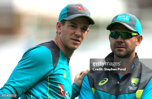 Tim Paine and Assistant Coach Ricky Ponting of Australia during an Australia Net Session at The Kia Oval on June 11, 2018 in London, England.