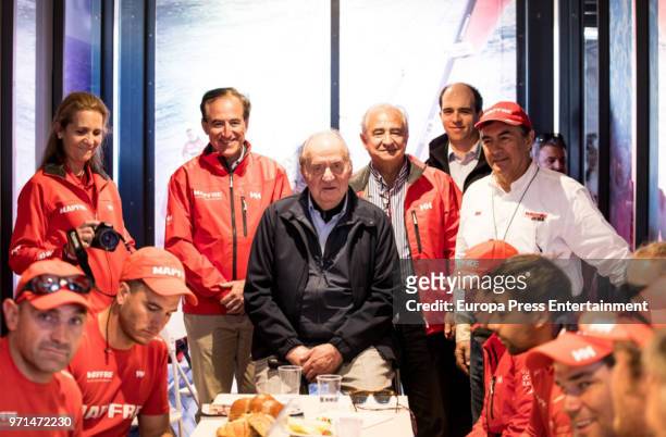 King Juan Carlos and his daughter Princess Elena attend the Volvo Ocean Race to support Mapfre crewmembers on June 10, 2018 in Cardiff, Wales.