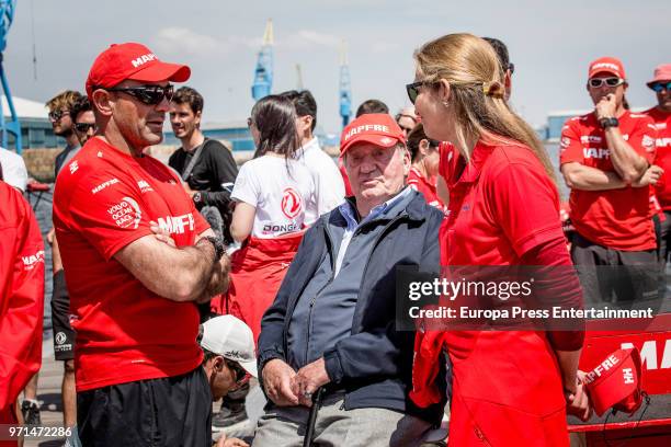 King Juan Carlos and his daughter Princess Elena attend the Volvo Ocean Race to support Mapfre crewmembers on June 10, 2018 in Cardiff, Wales.