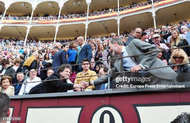 King Felipe of Spain and Andres Calamaro attend the traditional Press Bullfight 'La Beneficiencia', the last event of the San Isidro Bullfighting...