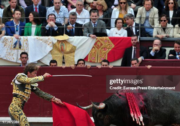 Manuel Escribano performs during the traditional Press Bullfight 'La Beneficiencia', the last event of the San Isidro Bullfighting Fair held at Las...