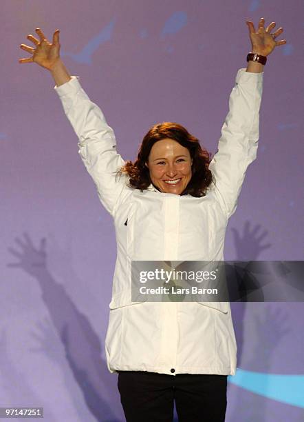 Aino-Kaisa Saarinen of Finland celebrates Bronze during the medal ceremony for the Ladies Cross Country 30 km Mass Start Classic during the medal...