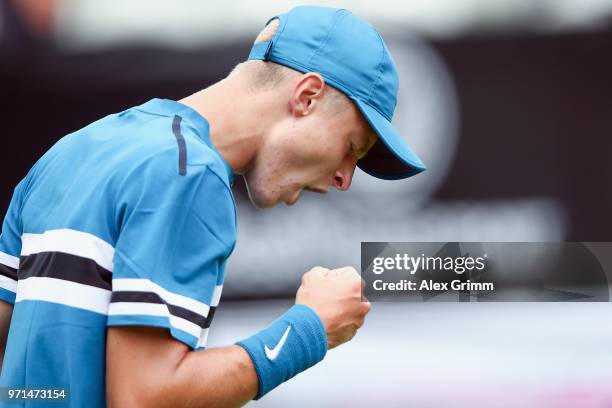 Rudolf Molleker of Germany reacts during his match against Jan-Lennard Struff of Germany during day 1 of the Mercedes Cup at Tennisclub Weissenhof on...