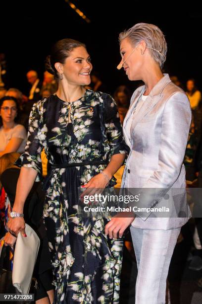 Crown Princess Victoria of Sweden and Dr. Gunhild Stordalen arrives at the the EAT Stockholm Food Forum 2018 at Annexet on June 11, 2018 in...