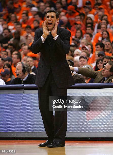 Coach Jay Wright of the Villanova Wildcats yells to his team during the game against the Syracuse Orange at the Carrier Dome on February 27, 2010 in...