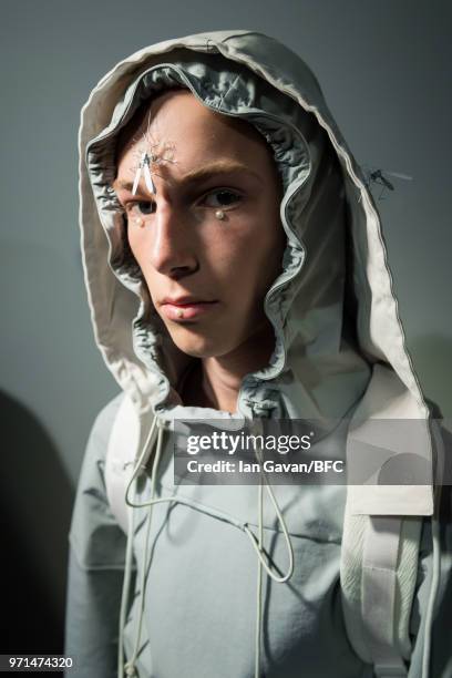 Model backstage ahead of the Private Policy and Staff Only presented by GQ China show during London Fashion Week Men's June 2018 at the BFC Show...