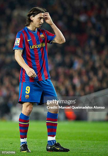 Zlatan Ibrahimovic of FC Barcelona reacts during the La Liga match between Barcelona and Malaga at Camp Nou on February 27, 2010 in Barcelona, Spain....