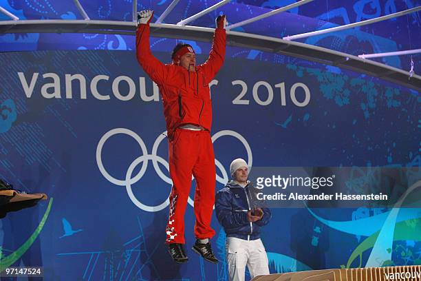 Ivica Kostelic of Croatia celebrates his Silver medal during the medal ceremony for the Alpine Men�s Slalom on day 16 of the Vancouver 2010 Winter...