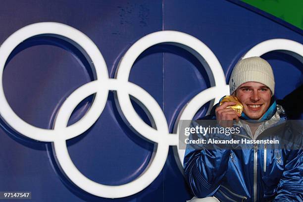 Giuliano Razzoli of Italy celebrates the gold medal during the medal ceremony for the Alpine Men's Slalom on day 16 of the Vancouver 2010 Winter...