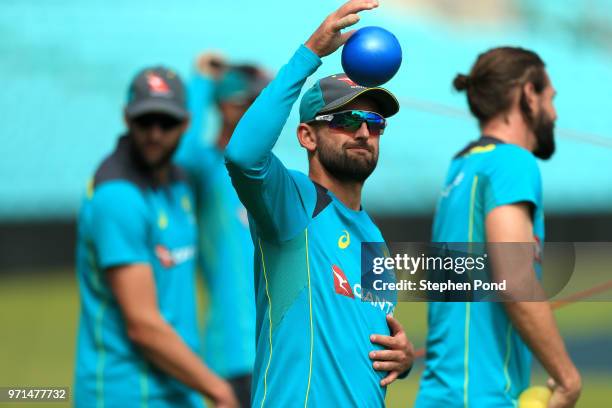 Nathan Lyon of Australia during an Australia Net Session at The Kia Oval on June 11, 2018 in London, England.